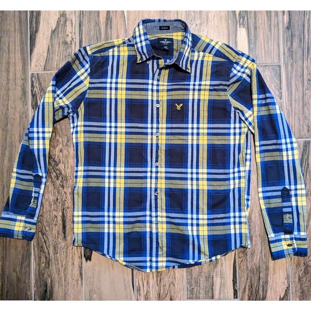 American Eagle Men's Yellow & Blue Plaid Long Sleeve Button Down Shirt Medium